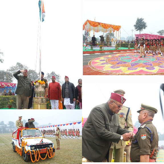 कृषि एवं जनपद प्रभारी मंत्री गणेश जोशी ने, 76वां गणतन्त्र दिवस के अवसर पर, पुलिस लाइन रुद्रपुर में किया ध्वजारोहण।