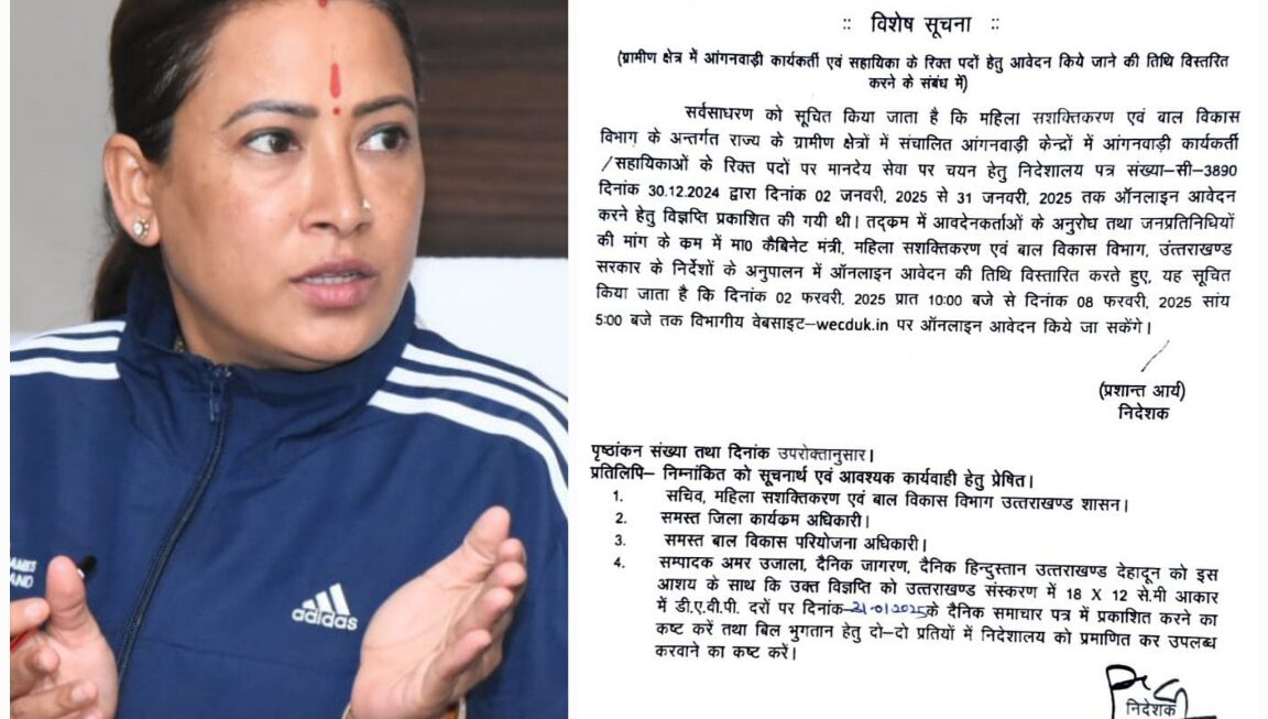 विभागीय मंत्री रेखा आर्या के निर्देश पर, आंगनबाड़ी और सहायिका पदों के लिए, ऑनलाइन आवेदन की तिथि अब 8 फरवरी तक।