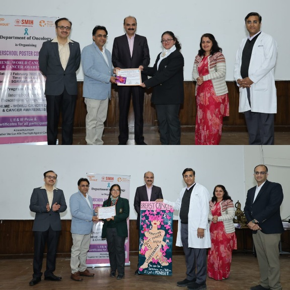 श्री महंत इन्दिरेश अस्पताल में स्कूली बच्चों ने, पोस्टर से दिया कैंसर से लड़ने का संदेश।