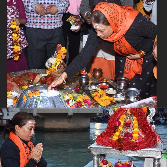 राष्ट्रीय खेलों के सफल आयोजन पर किया, टपकेश्वर महादेव और मां गंगा का पूजन, खेल मंत्री रेखा आर्य।