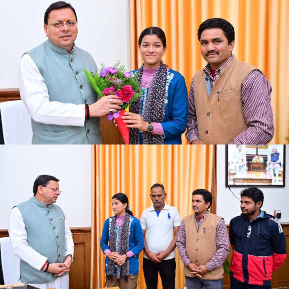 मुख्यमंत्री पुष्कर सिंह धामी से, आदर्श ग्राम सारकोट की ग्राम प्रधान, प्रियंका नेगी ने की भेंट।