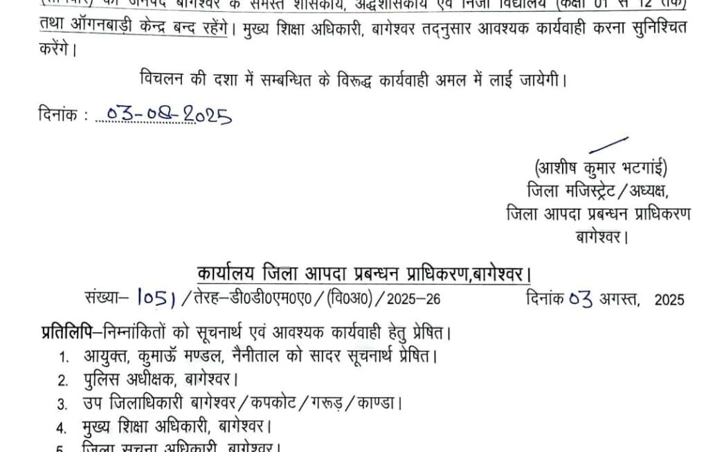 उत्तराखंड में 4 अगस्त को भारी बारिश के आसार, नैनीताल जिले के समस्त विद्यालयों एवं आंगनबाड़ी केंद्रों में अवकाश घोषित।