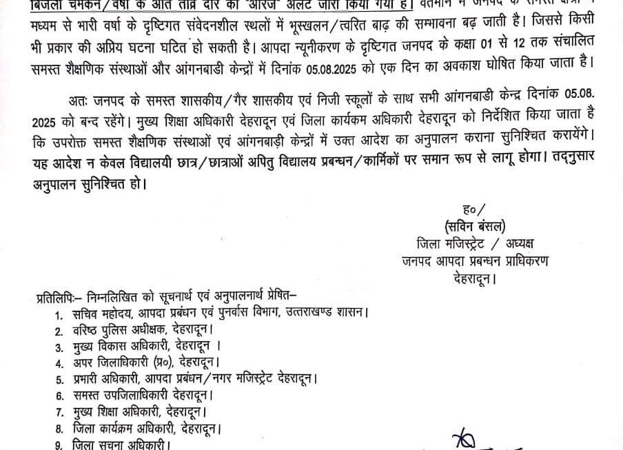 देहरादून समेत इन जिलों में मंगलवार को स्कूलों में रहेगा अवकाश, मौसम विभाग ने की भारी बारिश की चेतावनी।