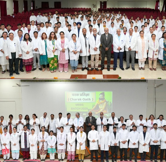 एस.जी.आर.आर.आई.एम.एण्ड एच.एस. के नव आगुंतक, छात्र-छात्राओं की वाईट कोट सैरेमनी व चरक शपथ सम्पन्न।