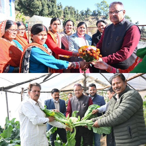 कृषि मंत्री गणेश जोशी ने भगरतौला में किसानों से किया संवाद, पॉलीहाउस क्लस्टर मॉडल की सराहना की।