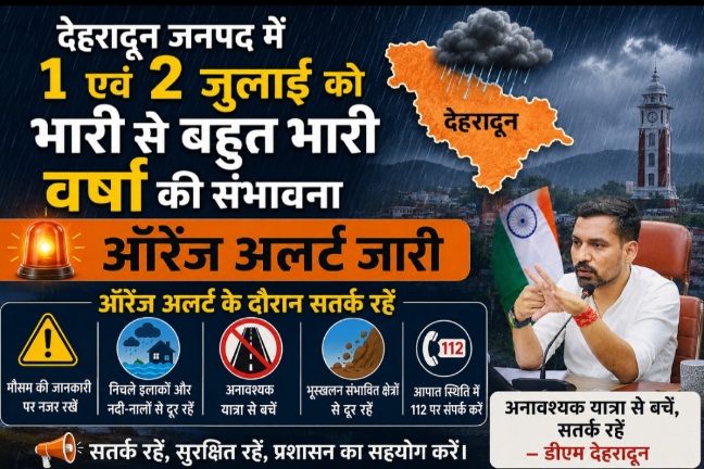 देहरादून जनपद में 1 एवं 2 जुलाई को भारी से बहुत भारी वर्षा की संभावना, ऑरेंज अलर्ट जारी।