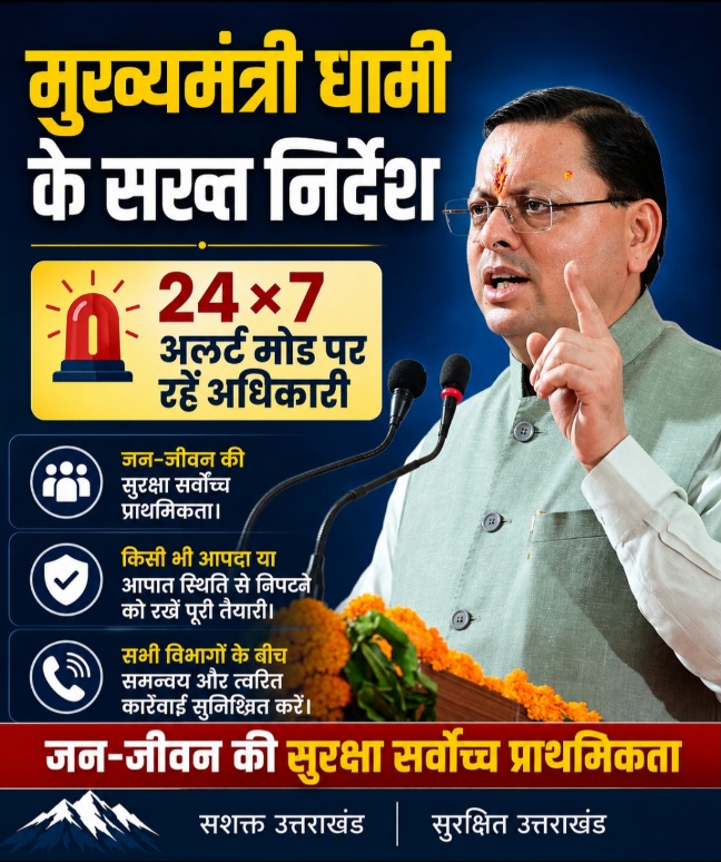 मुख्यमंत्री धामी के सख्त निर्देश, 24×7 अलर्ट मोड पर रहें अधिकारी, जन-जीवन की सुरक्षा सर्वोच्च प्राथमिकता।