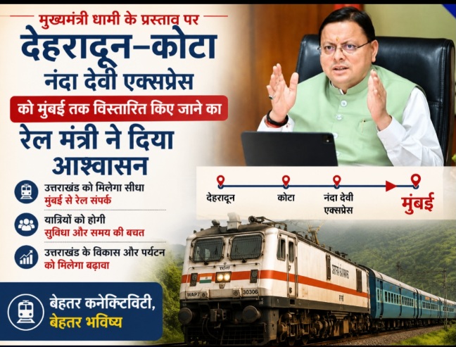 मुख्यमंत्री धामी के प्रस्ताव पर, देहरादून–कोटा नंदा देवी एक्सप्रेस को मुंबई तक विस्तारित किए जाने का, रेल मंत्री ने दिया आश्वासन।