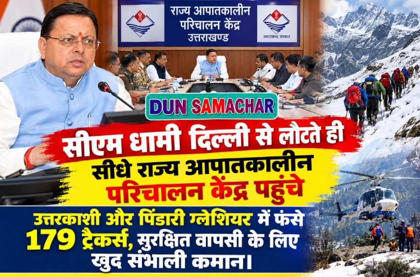 सीएम धामी दिल्ली से लौटते ही सीधे राज्य आपातकालीन परिचालन केंद्र पहुंचे, उत्तरकाशी और पिंडारी ग्लेशियर में फंसे 179 ट्रैकर्स, सुरक्षित वापसी के लिए खुद संभाली कमान।